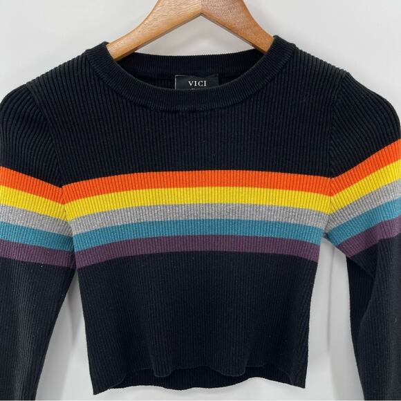 VICI Rainbow Stripe Y2K Grunge Skater Cropped Sweater Size Small Indie Rave - Picture 2 of 8